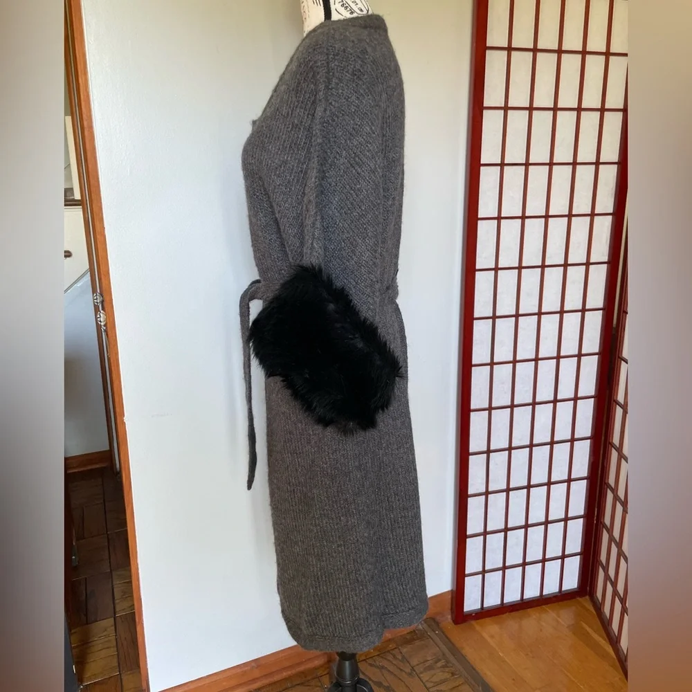NWT KENAR Charcoal Knit Sweater with Faux Fur Accents, Size L